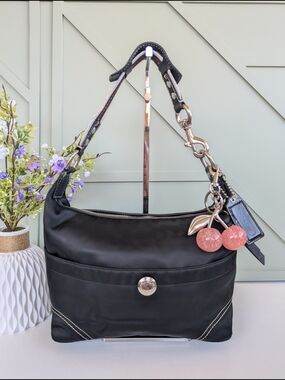 Coach Black Shoulder Bag with Cherry Charm Accent